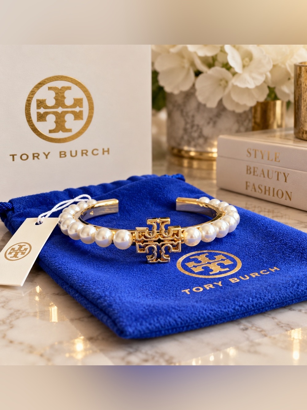 Tory Burch Pearl Bracelet Gold Double T Logo Designer Jewelry NWT